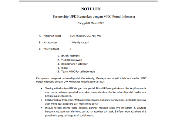 Rapat Partnership UPK Kemenkes dengan MNC Portal Indonesia 2 maret 2022
